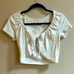 Aeropostale Stretch Rib Knit White Tie-Front Crop Top, Cropped Casual Shirt